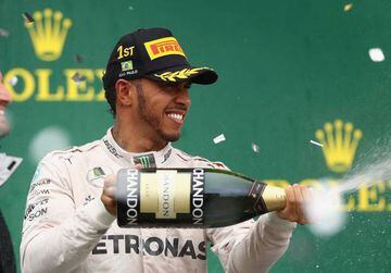 Lewis Hamilton's champagne moment after winning the Formula One Grand Prix of Brazil at the Autodromo Jose Carlos Pace, Sao Paulo, Brazil.