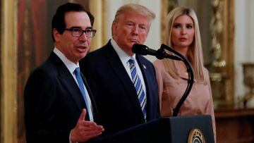 FILE PHOTO: Treasury Secretary Steven Mnuchin speaks as U.S. President Donald Trump and White House senior adviser Ivanka Trump listen during an East Room event highlighting Paycheck Protection Program (PPP) loans for small businesses adversely affected b