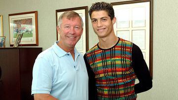 MANCHESTER, ENGLAND - AUGUST 12:  Sir Alex Ferguson greets Cristiano Ronaldo as the young Portugese player signs for Manchester united at the Carrington Training Ground, Carrington on August 12, 2003 in Manchester, England.  (Photo by John Peters/Manchest