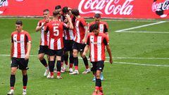 BILBAO, SPAIN - JUNE 27:  Asier Villalibre of Athletic Bilbao is congratulated after scoring the third goal during the Liga match between Athletic Club and RCD Mallorca at San Mames Stadium on June 27, 2020 in Bilbao, Spain. (Photo by Juan Manuel Serrano 