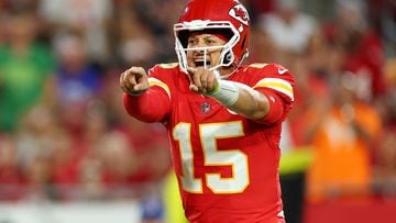 TAMPA, FLORIDA - OCTOBER 02: Patrick Mahomes #15 of the Kansas City Chiefs reacts against the Tampa Bay Buccaneers during the first half at Raymond James Stadium on October 02, 2022 in Tampa, Florida.   Mike Ehrmann/Getty Images/AFP
