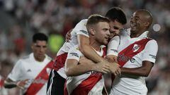 River Plate's forward Lucas Beltran (C) celebrates with teammates after scoring the teams second goal against Godoy Cruz during their Argentine Professional Football League Tournament 2023 match at El Monumental stadium, in Buenos Aires, on March 12, 2023. (Photo by ALEJANDRO PAGNI / AFP) (Photo by ALEJANDRO PAGNI/AFP via Getty Images)