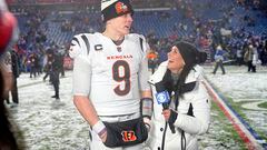 Jan 22, 2023; Orchard Park, New York, USA; Cincinnati Bengals quarterback Joe Burrow (9) is interviewed after winning an AFC divisional round game against the Buffalo Bills at Highmark Stadium. Mandatory Credit: Gregory Fisher-USA TODAY Sports