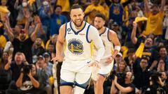 May 10, 2023; San Francisco, California, USA; Golden State Warriors guard Stephen Curry (30) celebrates against the Los Angeles Lakers during the first quarter in game five of the 2023 NBA playoffs conference semifinals round at Chase Center. Mandatory Credit: Kyle Terada-USA TODAY Sports