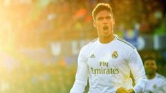 Real Madrid&#039;s French defender Raphael Varane celebrates his goal during the Spanish league football match between Getafe CF and Real Madrid CF at the Col. Alfonso Perez stadium in Getafe on January 4, 2020. (Photo by OSCAR DEL POZO / AFP)