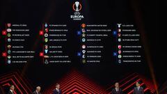 The groups are shown on an electronic panel during the UEFA Europa League group stage draw 2022/23 in Istanbul.