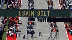 Parrilla de salida del GP de Estados Unidos con Usain Bolt de maestro de ceremonias.
