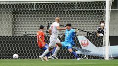 KOBE, JAPAN - JUNE 10: Issam Jebali of Tunisia scores his side's second goal during the international friendly match between Chile and Tunisia at Noevir Stadium Kobe on June 10, 2022 in Kobe, Hyogo, Japan. (Photo by Koji Watanabe/Getty Images)