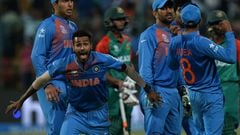 Indian bowler Hardik Pandya celebrates the wicket that led to the victory of India in the last ball by 2 runs during the World T20 cricket tournament match against Bangladesh.