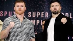 Mexican boxer Canelo Alvarez (L) and English boxer John Ryder pose for a picture during a press conference to present their fight on May 6, in Zapopan, Jalisco state, Mexico, on March 14, 2023. (Photo by Ulises Ruiz / AFP)