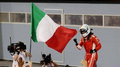 Formula 1 F1 - Bahrain Grand Prix - Bahrain International Circuit, Sakhir, Bahrain - April 8, 2018   Ferrari&#039;s Sebastian Vettel celebrates after winning the race   REUTERS/Ahmed Jadallah