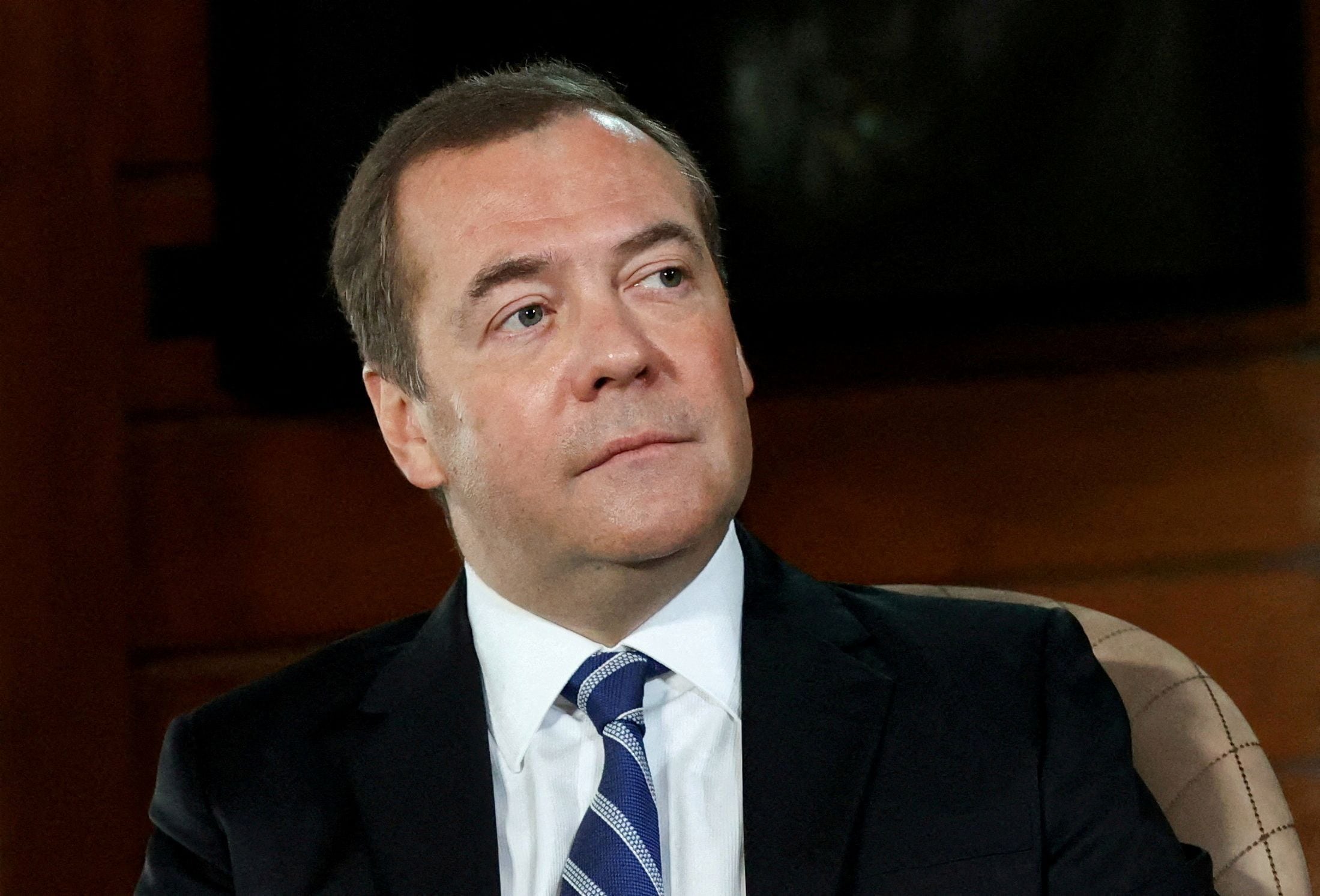 FILE PHOTO: Deputy Chairman of Russia's Security Council Dmitry Medvedev gives an interview at the Gorki state residence outside Moscow, Russia on January 25, 2022. Picture taken January 25, 2022. Sputnik/Yulia Zyryanova/Pool via REUTERS/File Photo
