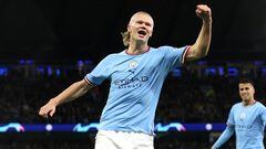 Soccer Football - Champions League - Group G - Manchester City v FC Copenhagen - Etihad Stadium, Manchester, Britain - October 5, 2022  Manchester City's Erling Braut Haaland celebrates scoring their first goal Action Images via Reuters/Lee Smith     TPX IMAGES OF THE DAY