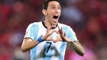 Argentina&#039;s Angel Di Maria celebrates after scoring against Chile during their Russia 2018 FIFA World Cup South American Qualifiers.