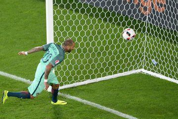 Portugal's forward Ricardo Quaresma heads the ball on target. It went in.