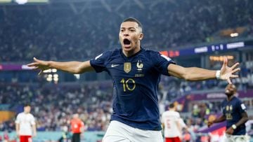 DOHA, QATAR - NOVEMBER 26: Kylian Mbappe of France celebrates after scoring his team's second goal during the FIFA World Cup Qatar 2022 Group D match between France and Denmark at Stadium 974 on November 26, 2022 in Doha, Qatar. (Photo by Berengui/DeFodi Images via Getty Images)
