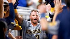 MIAMI, FLORIDA - SEPTEMBER 22: Josh Donaldson #3 of the Milwaukee Brewers celebrates with teammates in the dugout during second inning of the game against the Miami Marlins at loanDepot park on September 22, 2023 in Miami, Florida.   Megan Briggs/Getty Images/AFP (Photo by Megan Briggs / GETTY IMAGES NORTH AMERICA / Getty Images via AFP)