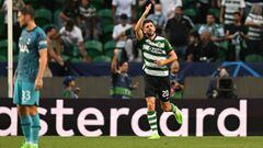 Sporting Lisbon's Portuguese forward Paulinho Dias Fernandes celebrates after scoring his team's first goal during the UEFA Champions League, group D, first leg football match between Sporting Lisbon and Tottenham Hotspur at the Jose Alvalade stadium in Lisbon on September 13, 2022. (Photo by PATRICIA DE MELO MOREIRA / AFP) (Photo by PATRICIA DE MELO MOREIRA/AFP via Getty Images)