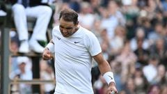 Spain's Rafael Nadal celebrates winning against Netherlands' Botic van de Zandschulp during their round of 16 men's singles tennis match on the eighth day of the 2022 Wimbledon Championships at The All England Tennis Club in Wimbledon, southwest London, on July 4, 2022. (Photo by Glyn KIRK / AFP) / RESTRICTED TO EDITORIAL USE
