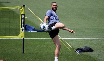 Real Madrid's Karim Benzema controls the ball during the training session at open media day.