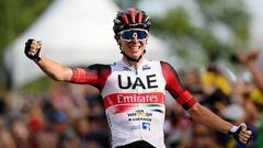 MONTREAL, QUEBEC - SEPTEMBER 11: Tadej Pogacar of Slovenia and UAE Team Emirates celebrates winning during the 11th Grand Prix Cycliste de Montreal 2022 a 221km one day race from Montreal to Montreal / #GPCQM / #WorldTour / on September 11, 2022 in Montreal, Quebec. (Photo by Dario Belingheri/Getty Images,)