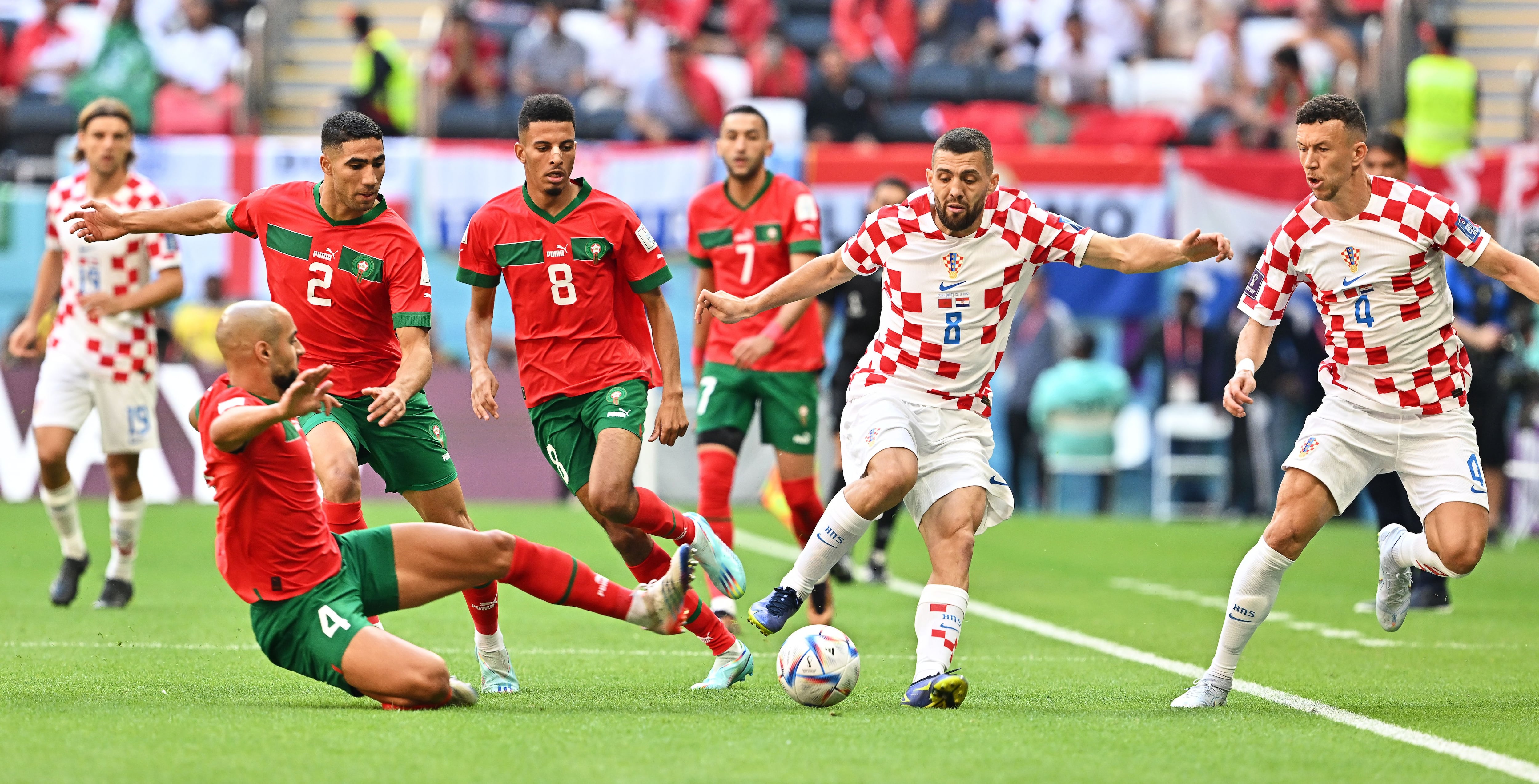 Sofyan Amrabat plays for Morocco against Spain at the World Cup 2022