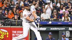 HOUSTON, TEXAS - APRIL 19: Jose Abreu #79 of the Houston Astros hits a two run single in the eighth inning against the Toronto Blue Jays at Minute Maid Park on April 19, 2023 in Houston, Texas.   Logan Riely/Getty Images/AFP (Photo by Logan Riely / GETTY IMAGES NORTH AMERICA / Getty Images via AFP)