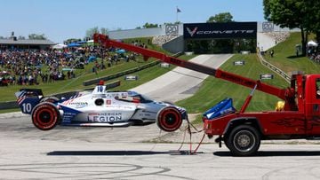 ELKHART LAKE, WI - JUNE 12: The car of NTT IndyCar series driver Alex Palou (10)  is towed away after an accident in turn 5 during the Sonsio Grand Prix at Road America on June 12, 2022, in Elkhart Lake, Wisconsin.  (Photo by Brian Spurlock/Icon Sportswire via Getty Images)
