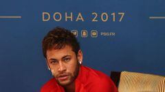 Paris Saint-Germain&#039;s Brazilian forward Neymar holds a press conference in Doha on December 21, 2017, during a winter training camp in Qatar. 