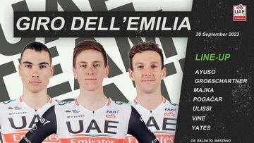 Cartel del UAE Emirates para el Giro dell'Emilia con Tadej Pogacar, Adam Yates y Juan Ayuso como líderes.
