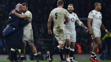 England&#039;s prop Joe Marler congratulates England&#039;s lock George Kruis (C) during the Six Nations international rugby union match between England and Wales at Twickenham.  