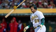 March 30, 2023; Oakland, California, USA; Oakland Athletics first baseman Jesus Aguilar (99) reacts after an out against the Los Angeles Angels during the second inning at RingCentral Coliseum. Mandatory Credit: Kyle Terada-USA TODAY Sports     TPX IMAGES OF THE DAY
