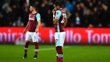 Dimitri Payet of West Ham United looks dejected during The Emirates FA Cup Third Round match between West Ham United and Manchester City