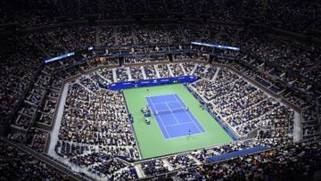 An overview shows Arthur Ashe Stadium during the 2021 US Open Tennis tournament men&#039;s singles first round match between Serbia&#039;s Novak Djokovic (bottom) and Denmark&#039;s Holger Rune at the USTA Billie Jean King National Tennis Center in New Yo