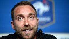 Denmark&#039;s midfielder Christian Eriksen speaks during a press conference at the Stade de France stadium in Saint-Denis, north of Paris, on June 2, 2022 on the eve of the UEFA Nations League foortball match opposing France and Danemark. (Photo by FRANC