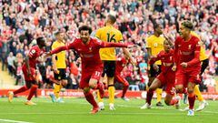 LIVERPOOL, ENGLAND - MAY 22: (THE SUN OUT, THE SUN ON SUNDAY OUT) Mohamed Salah of Liverpool celebrates after scoring the second goal making the score 2-1 during the Premier League match between Liverpool and Wolverhampton Wanderers at Anfield on May 22, 2022 in Liverpool, England. (Photo by Andrew Powell/Liverpool FC via Getty Images)