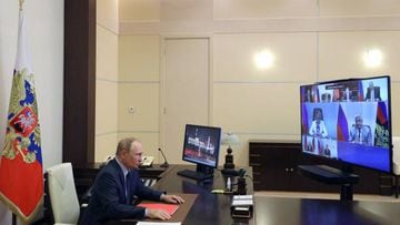 Russian President Vladimir Putin chairs a meeting with members of the Security Council via a video conference call at the Novo-Ogaryovo state residence, outside Moscow on August 12, 2022. (Photo by Mikhail Klimentyev / Sputnik / AFP) (Photo by MIKHAIL KLIMENTYEV/Sputnik/AFP via Getty Images)