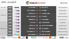Los horarios de la jornada 9 de la Liga Santander.