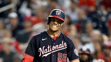 WASHINGTON, DC - JULY 01: Juan Soto #22 of the Washington Nationals reacts to a called strike in the eighth inning against the Miami Marlins at Nationals Park on July 01, 2022 in Washington, DC.   Greg Fiume/Getty Images/AFP
== FOR NEWSPAPERS, INTERNET, TELCOS & TELEVISION USE ONLY ==