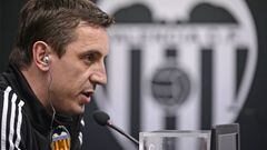 Valencia&#039;s British coach Gary Neville speaks during a press conference at the Sports City  in Valencia on February 2, 2015.