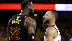 OAKLAND, CA - MAY 31: Stephen Curry #30 of the Golden State Warriors exchanges words with LeBron James #23 of the Cleveland Cavaliers in overtime during Game 1 of the 2018 NBA Finals at ORACLE Arena on May 31, 2018 in Oakland, California. NOTE TO USER: Us