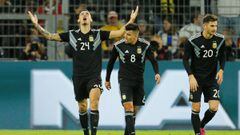 Soccer Football - International Friendly - Germany v Argentina - Signal Iduna Park, Dortmund, Germany - October 9, 2019   Argentina&#039;s Lucas Ocampos celebrates scoring their second goal with team mates    REUTERS/Leon Kuegeler      DFB regulations prohibit any use of photographs as image sequences and/or quasi-video