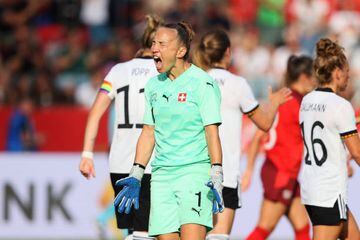 ERFURT, GERMANY - JUNE 24: Gaelle Thalmann of Switzerland reacts during the Women's International friendly match between Germany and Switzerland at Steigerwaldstadion on June 24, 2022 in Erfurt, Germany. (Photo by Martin Rose/Getty Images)