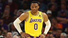Apr 5, 2022; Phoenix, Arizona, USA; Los Angeles Lakers guard Russell Westbrook reacts against the Phoenix Suns in the second half at Footprint Center. Mandatory Credit: Mark J. Rebilas-USA TODAY Sports