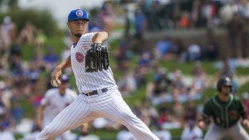 Chicago Cubs&#039; Yu Darvish pitches during the Great Lakes Loons at South Bend Cubs baseball game Sunday, Aug. 19, 2018, at Four Winds Field in South Bend, Ind. Darvish was on rehab assignment with the Class A affiliate of the major league team. (Robert Franklin/South Bend Tribune via AP)