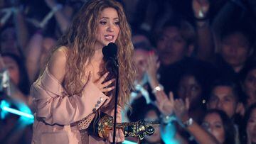 Shakira speaks after receiving the Video Vanguard Award from Wyclef Jean during the 2023 MTV Video Music Awards at the Prudential Center in Newark, New Jersey, U.S., September 12, 2023. REUTERS/Brendan Mcdermid
