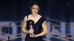 Spain and Barcelona midfielder Aitana Bonmati receives The Best FIFA Women's Player award during the Best FIFA Football Awards 2023 ceremony in London on January 15, 2024. (Photo by Adrian DENNIS / AFP)