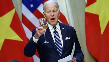 U.S. President Joe Biden raises a toast during a luncheon with Vietnam's President Vo Van Thuong (not pictured) in Hanoi, Vietnam, September 11, 2023. REUTERS/Evelyn Hockstein