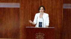 MADRID, 15/09/2020.- La presidenta de la Comunidad de Madrid, Isabel Díaz Ayuso, durante su intervención en la segunda sesión del debate sobre el estado de la región, celebrada este martes en la Asamblea de Madrid. EFE/ Juanjo Martín