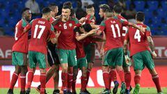 Morocco&#039;s players celebrate a goal during the 2017 Africa Cup of Nations group C football match between Morocco and Ivory Coast in Oyem on January 24, 2017.